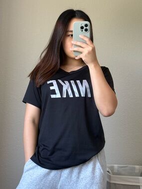 Nike Women's Dri-Fit Black Tee with Holographic Logo & Mesh Back